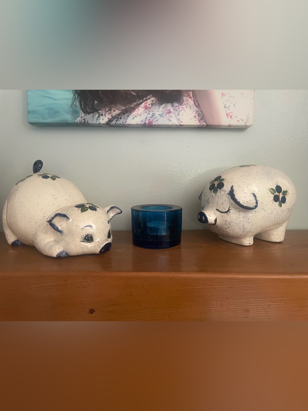 Blueberry motif playful pair of pigs. Handcrafted in Maine